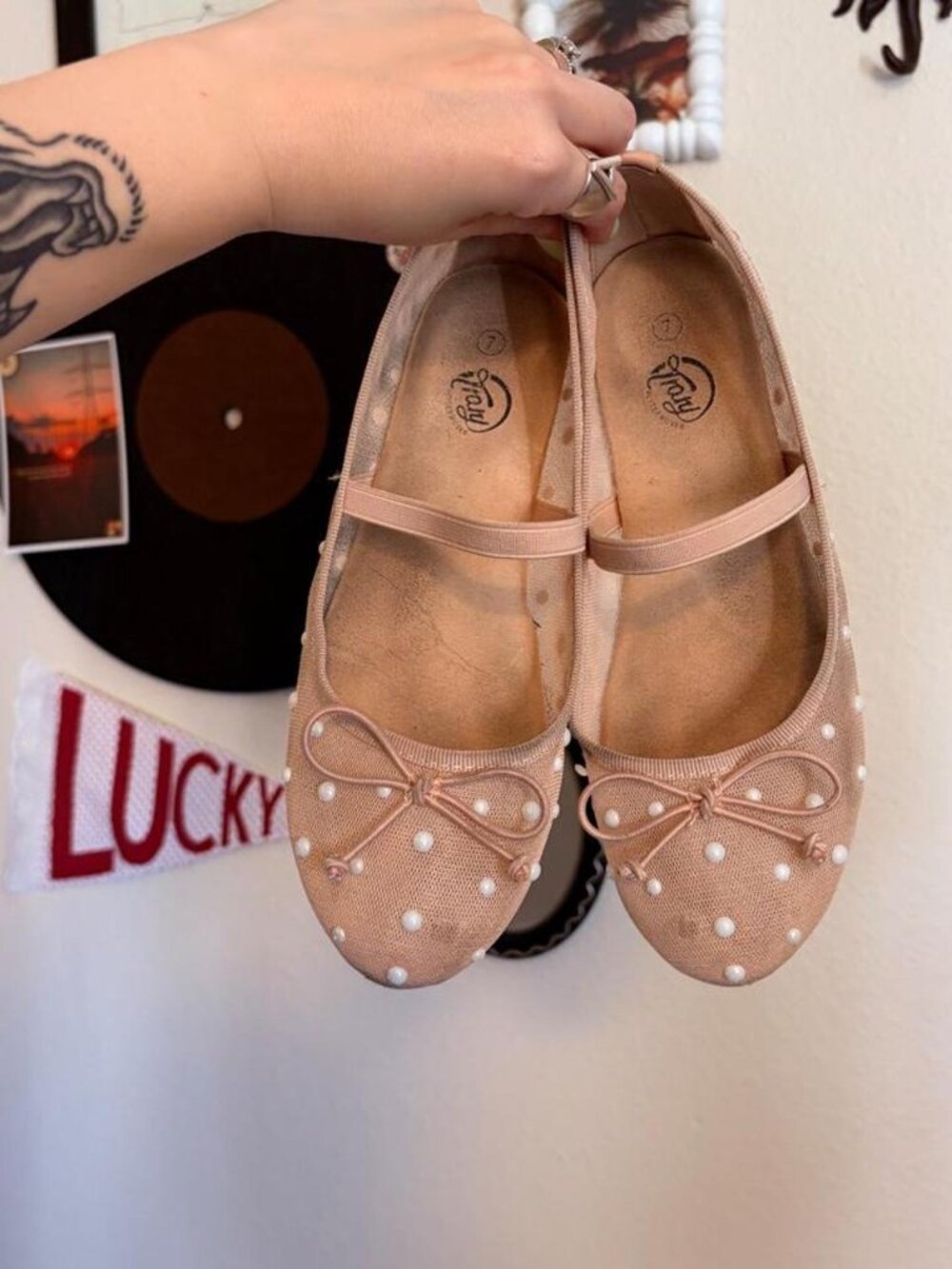 Nude Pearl Embellished Ballet Flats - Picture 1 of 6